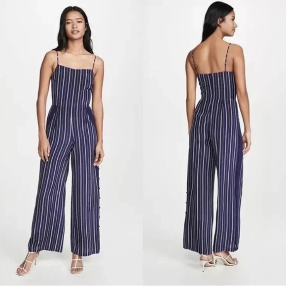 L'AGENCE Pants - L'Agence NWT Finley Jumpsuit with Side Buttons Size 2 in Navy/White Stripes Silk